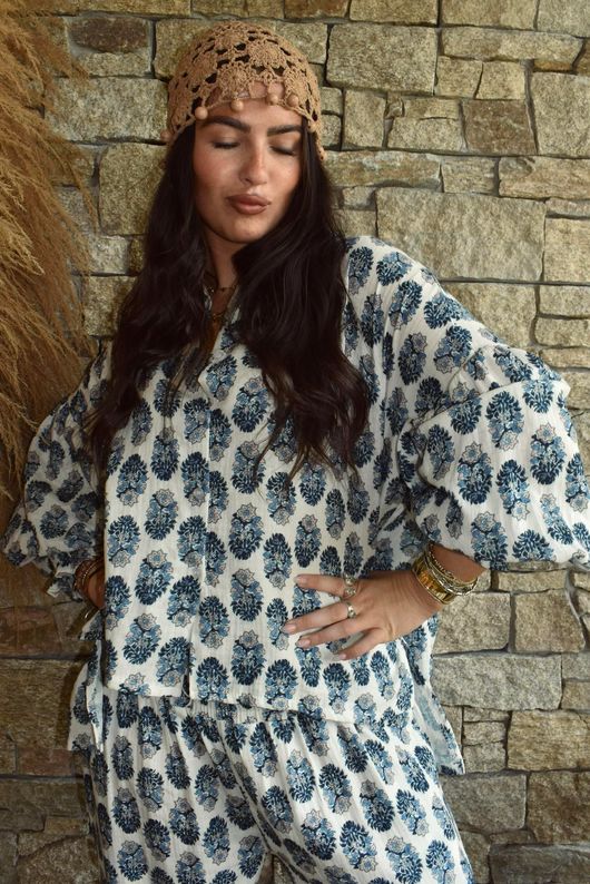 Daughter Of Ibiza Indira Balloon Sleeve Shirt French Navy & Denim 